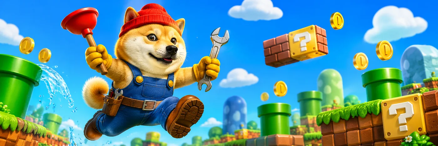 PIPE DOGE leaping between green pipes past floating coins and mystery blocks